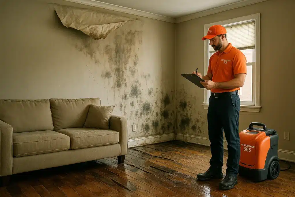 Restoration 365 technician inspecting the severe effects of water damage in a Philadelphia living room with warped floors and sagging drywall