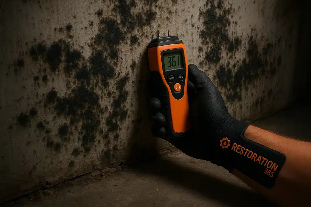 Close-up of black mold growth on damp basement wall with Restoration 365 technician using moisture meter
