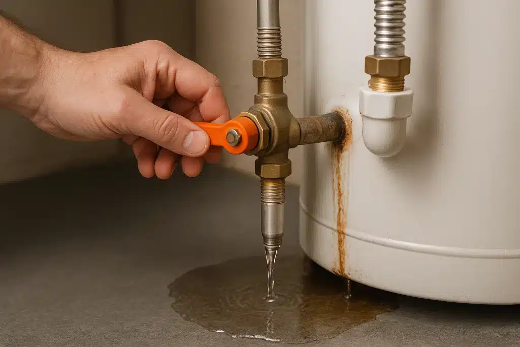 Homeowner shutting off water supply valve on leaking water heater to prevent further water damage