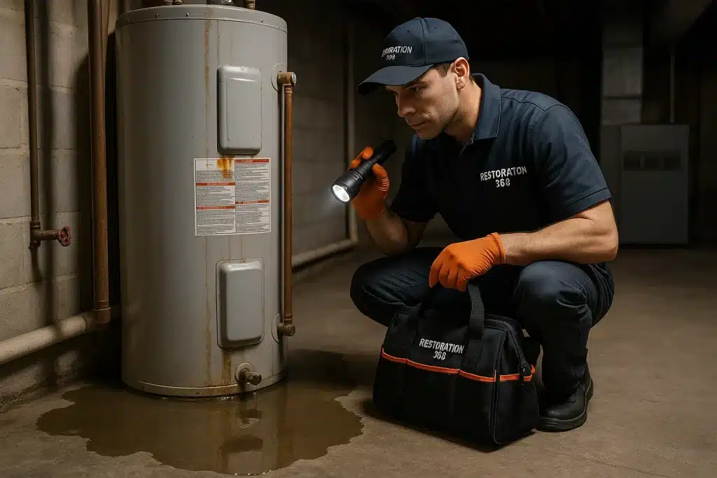 Restoration 365 technician inspecting a water heater leak in a Montgomery County basement with water pooling on the floor