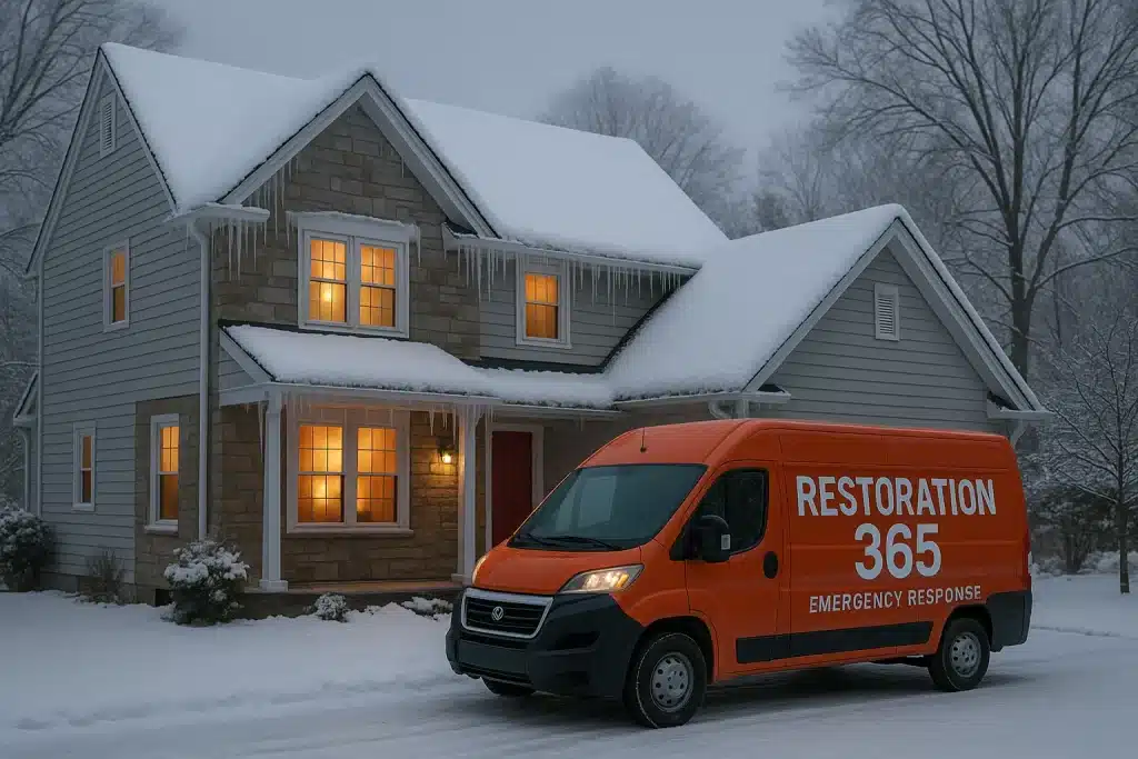 Suburban Bucks County home in winter with snow and icicles, Restoration 365 van ready for emergency water damage response caused by any winter leaks