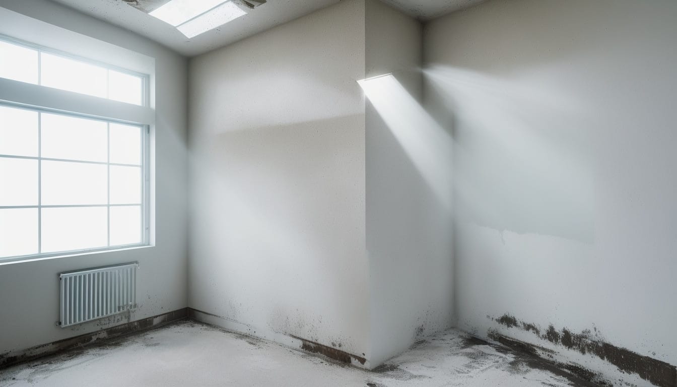 Bleach and ventilation cleaning mold from walls, sunlight shining through window