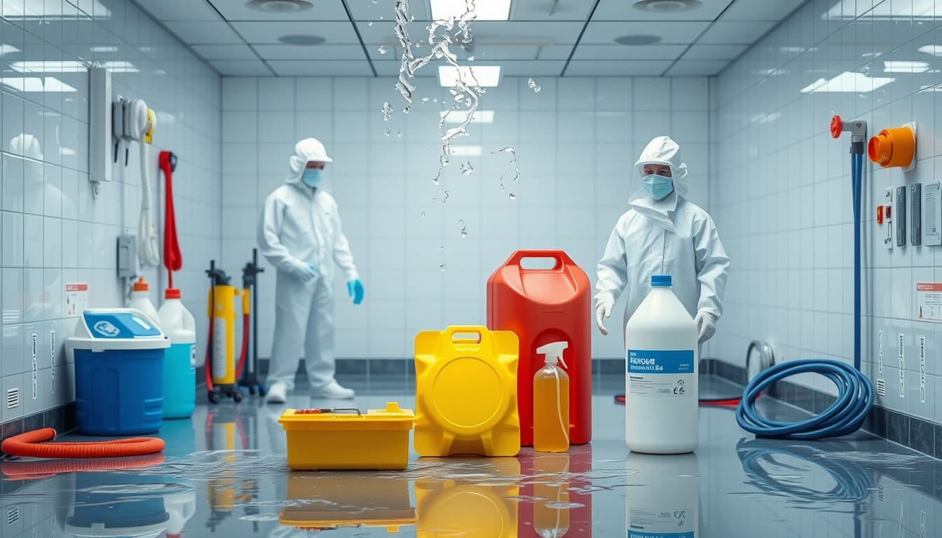 Water damage rescue scene with disinfectants and protective equipment