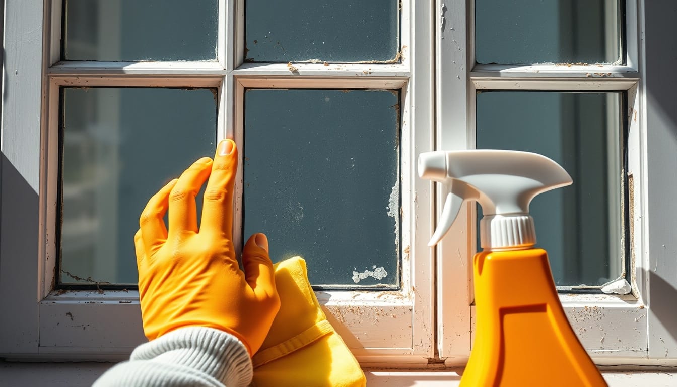 close-up of hands sealing mold around window frames with cleaning supplies