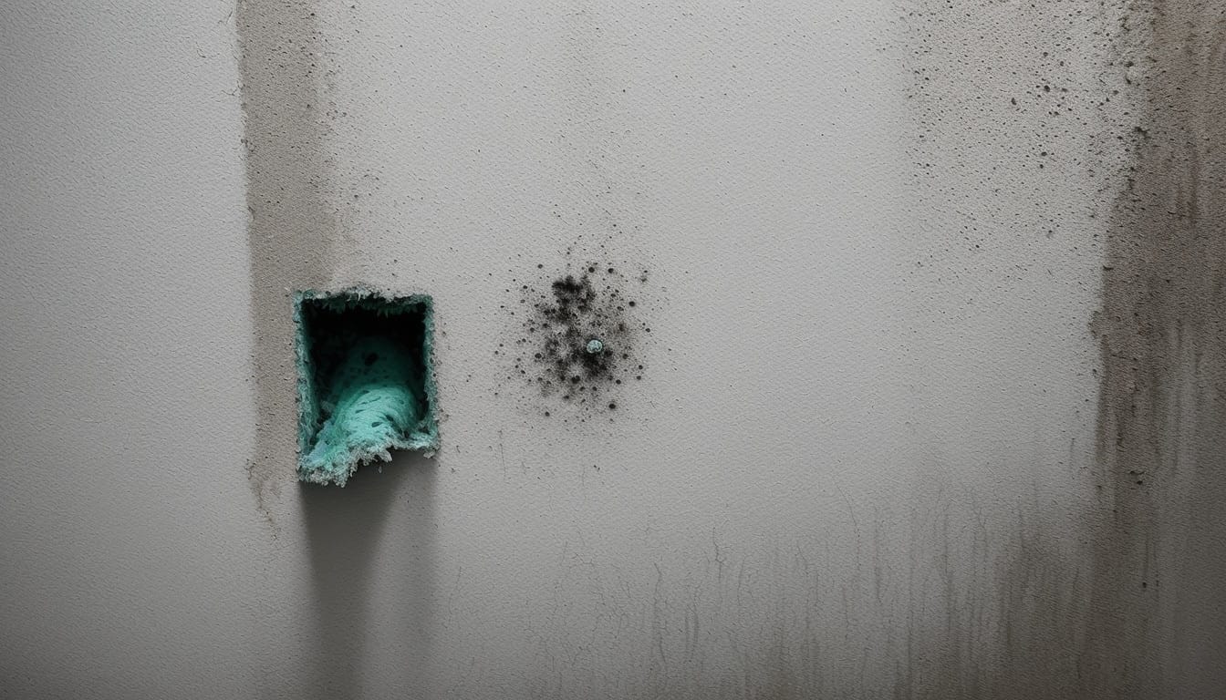 Close-up of mold spores infecting a wall, alarmed person examining symptoms, gloomy setting