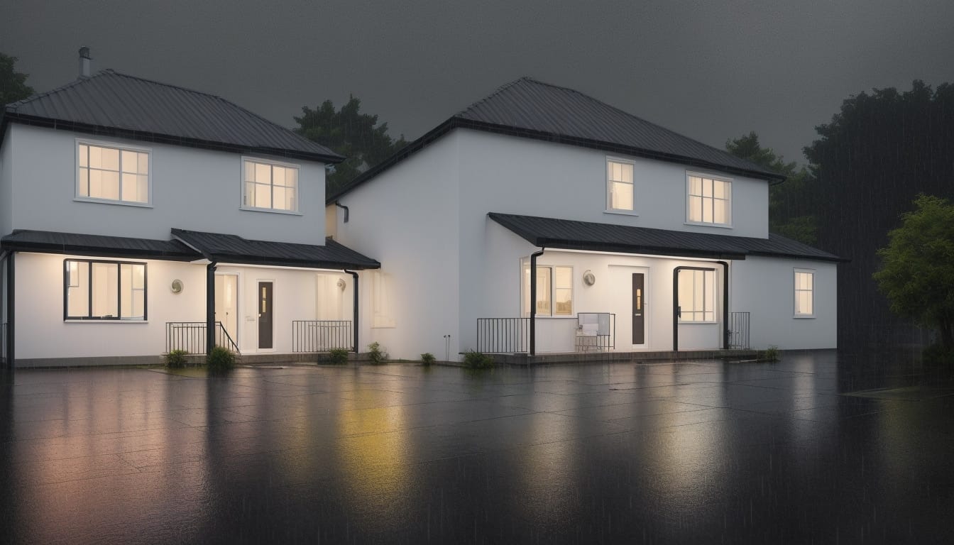 Drying equipment and protected home exterior during heavy rain