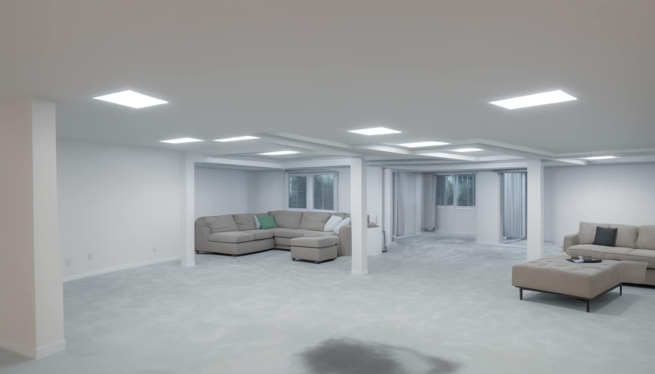 A dry, well-maintained basement with dehumidifiers and open windows for ventilation