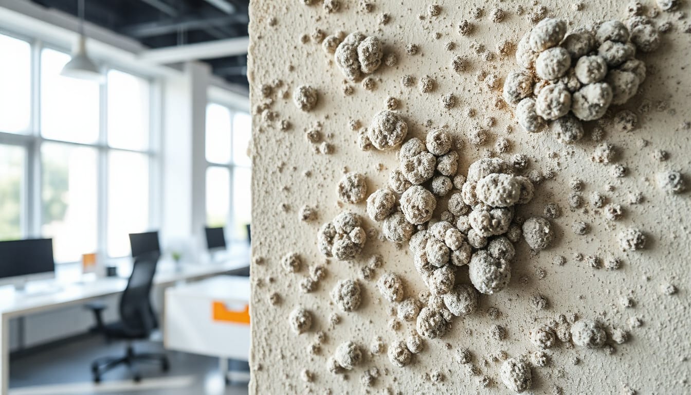 Close-up of mold spores on wall with safety gear, bright office background