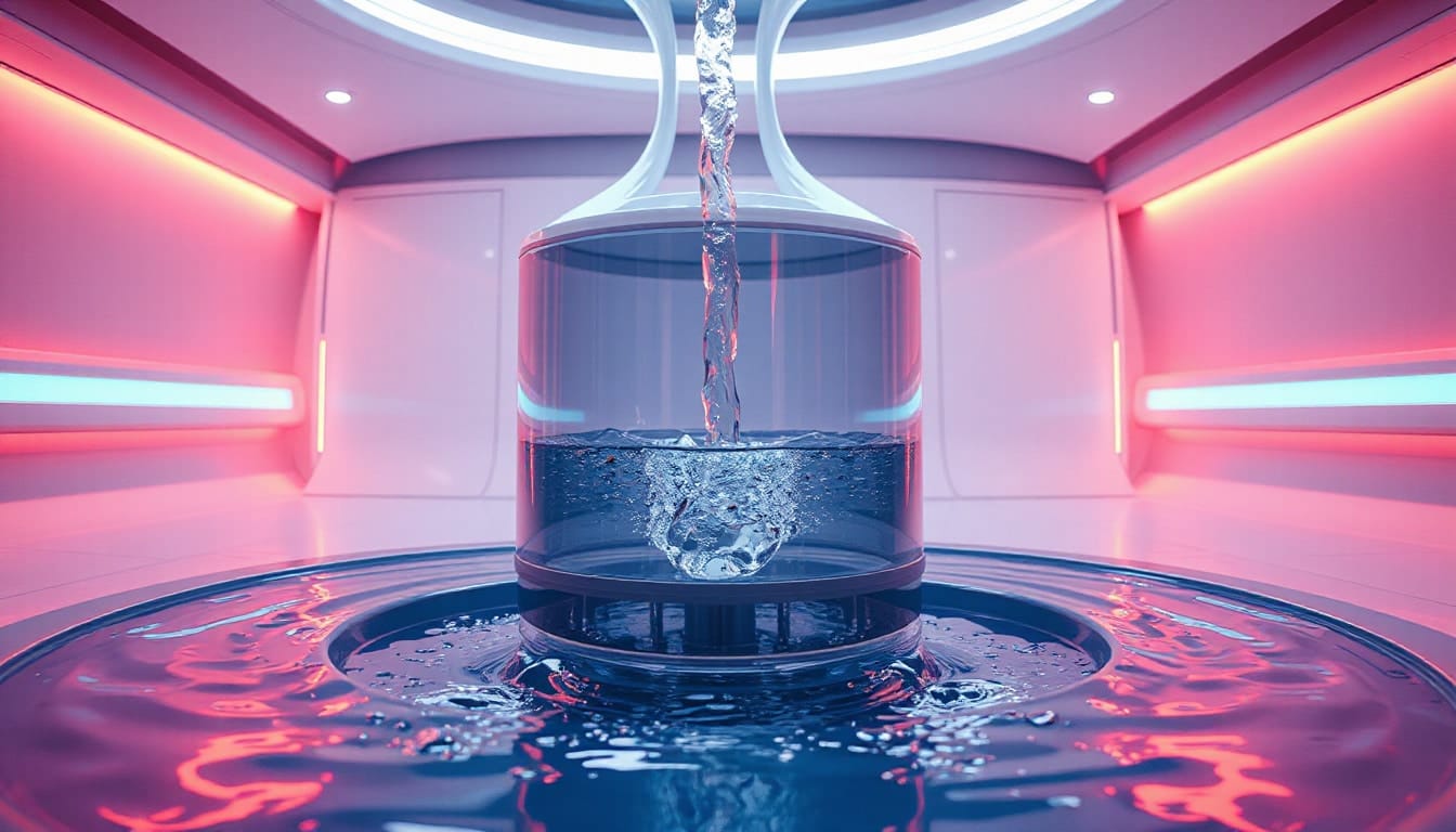 Transparent water flowing from a sleek, modern extraction device in a futuristic space—vivid and dynamic
