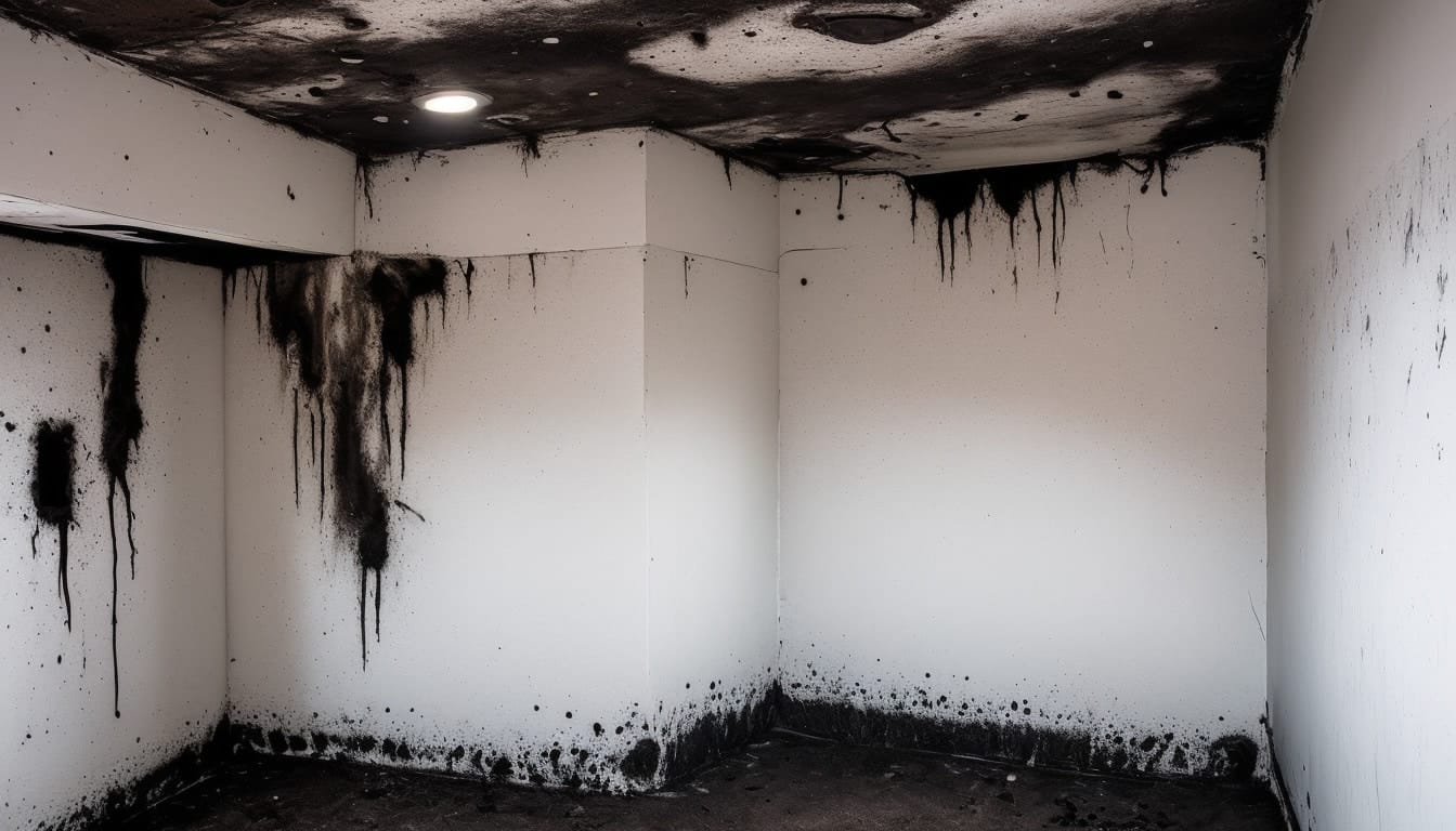 Creeping black mold in a dank basement corner