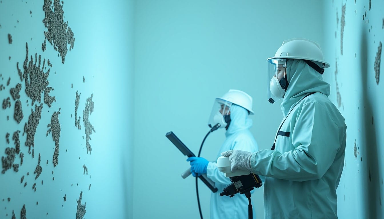 A professional mold remediation team inspecting walls with protective gear and advanced equipment