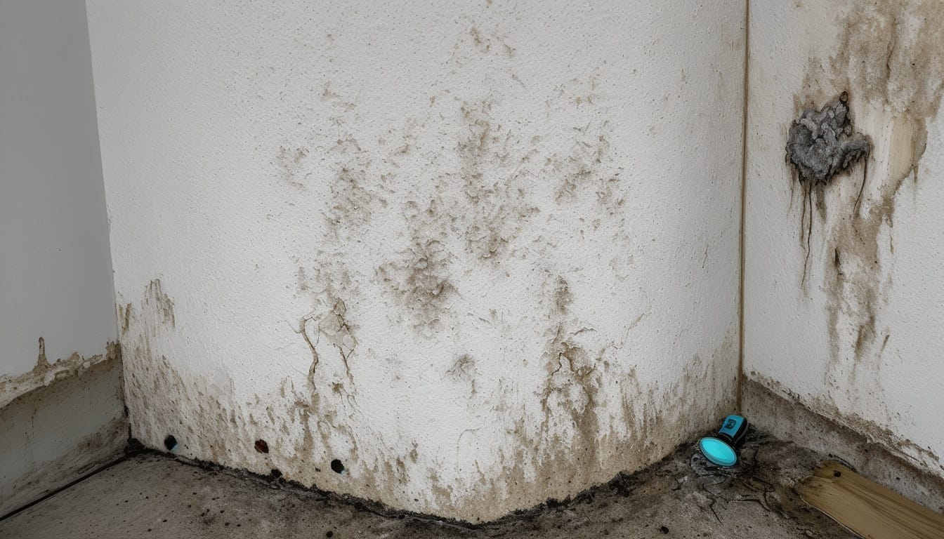 Close-up of mold growth on a wall, with a homeowner using a flashlight, detailed and realistic