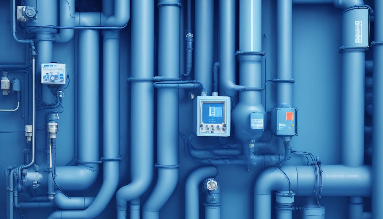 Close-up of a digital leak detection device alerting on a metallic pipeline, illuminated in cool blue tones —no extra words