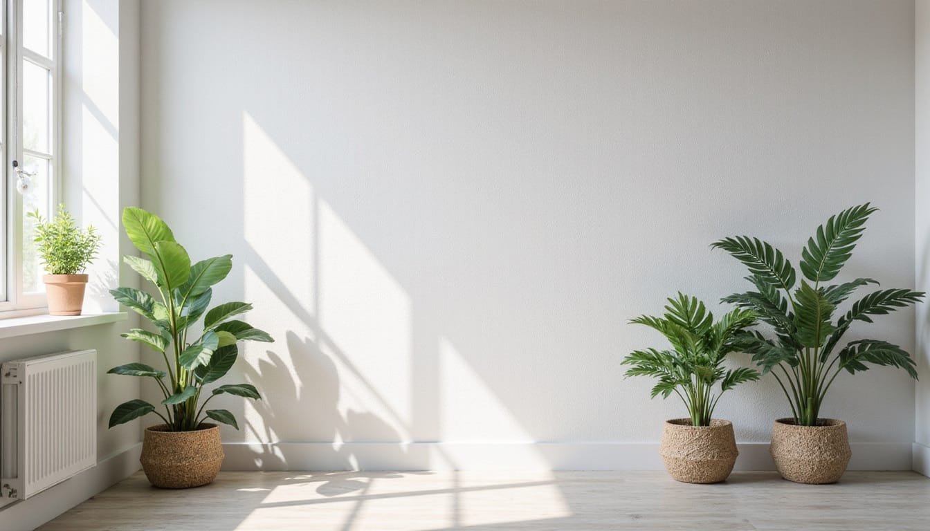 Close-up of mold-resistant paint on pristine walls, airy room with healthy plants