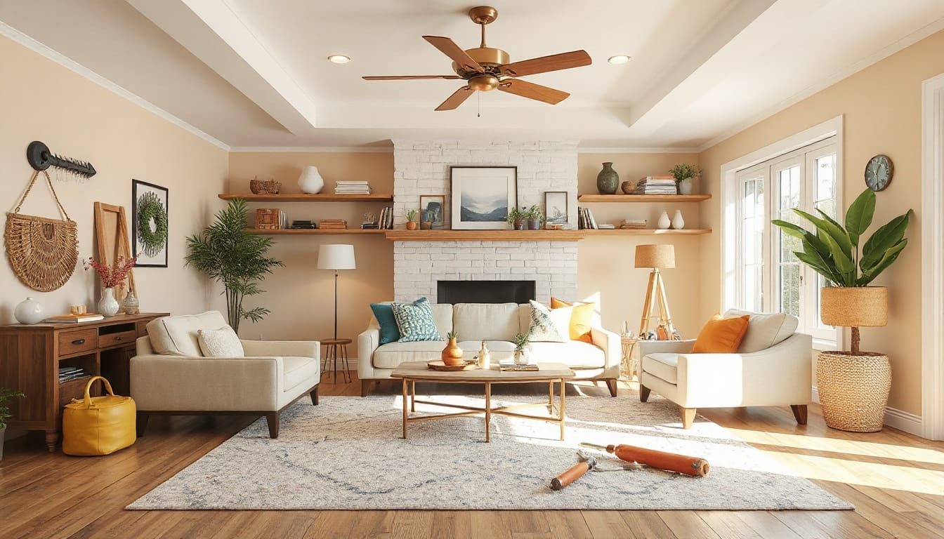 detailed restoration tools, clean house surfaces, cozy living room revival, warm inviting atmosphere