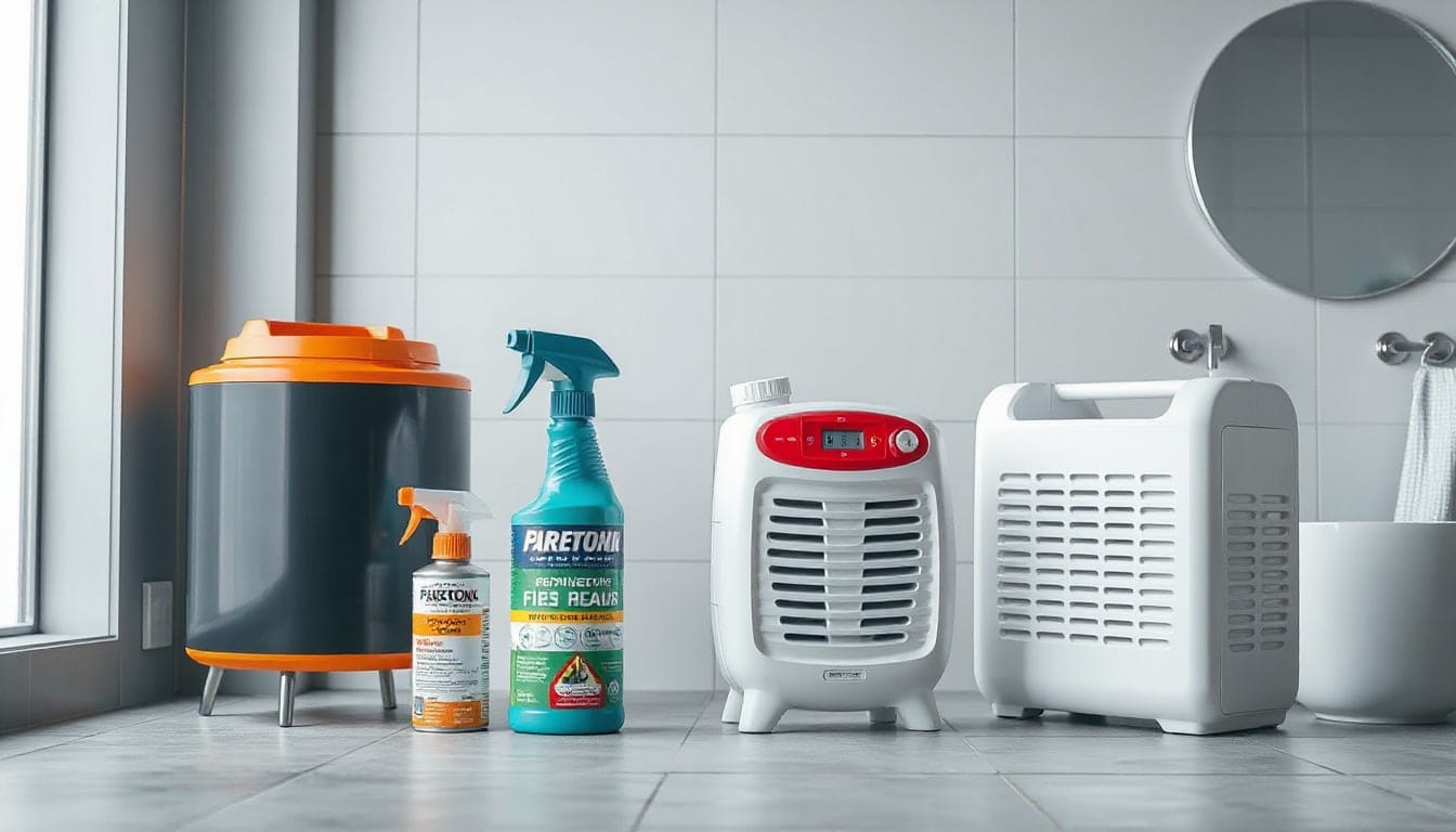 Close-up of antimicrobial sprays and dehumidifiers battling mold growth in a modern bathroom—protective gear and white mold visible
