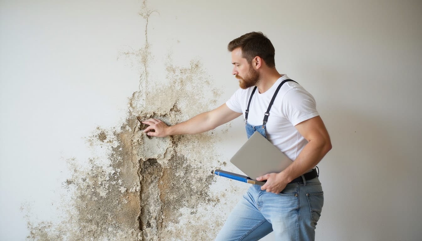 Homeowner inspecting wall with mold damage, tools nearby