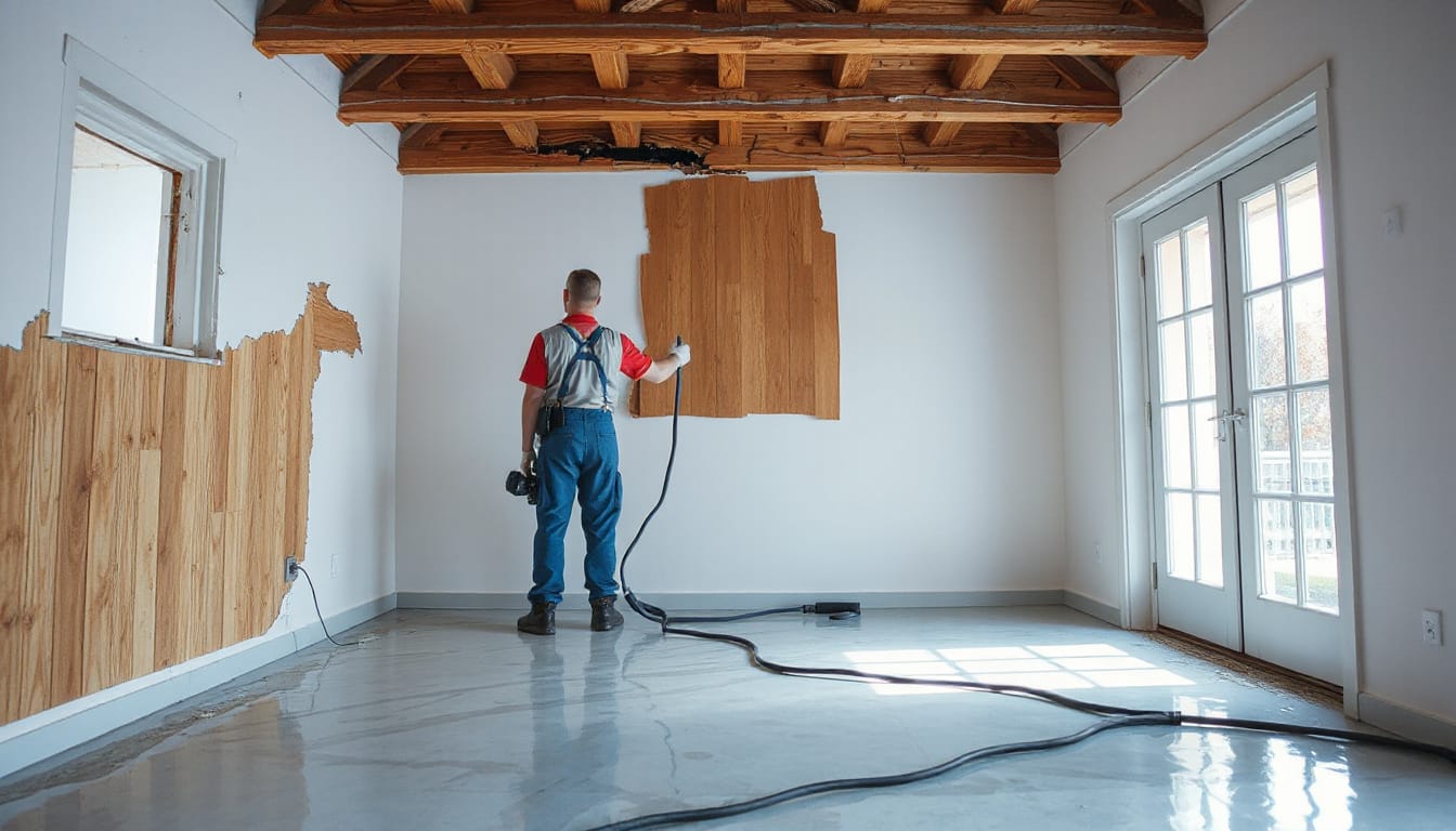 damaged house interior with water damage, restoration specialists drying walls and floors rapidly