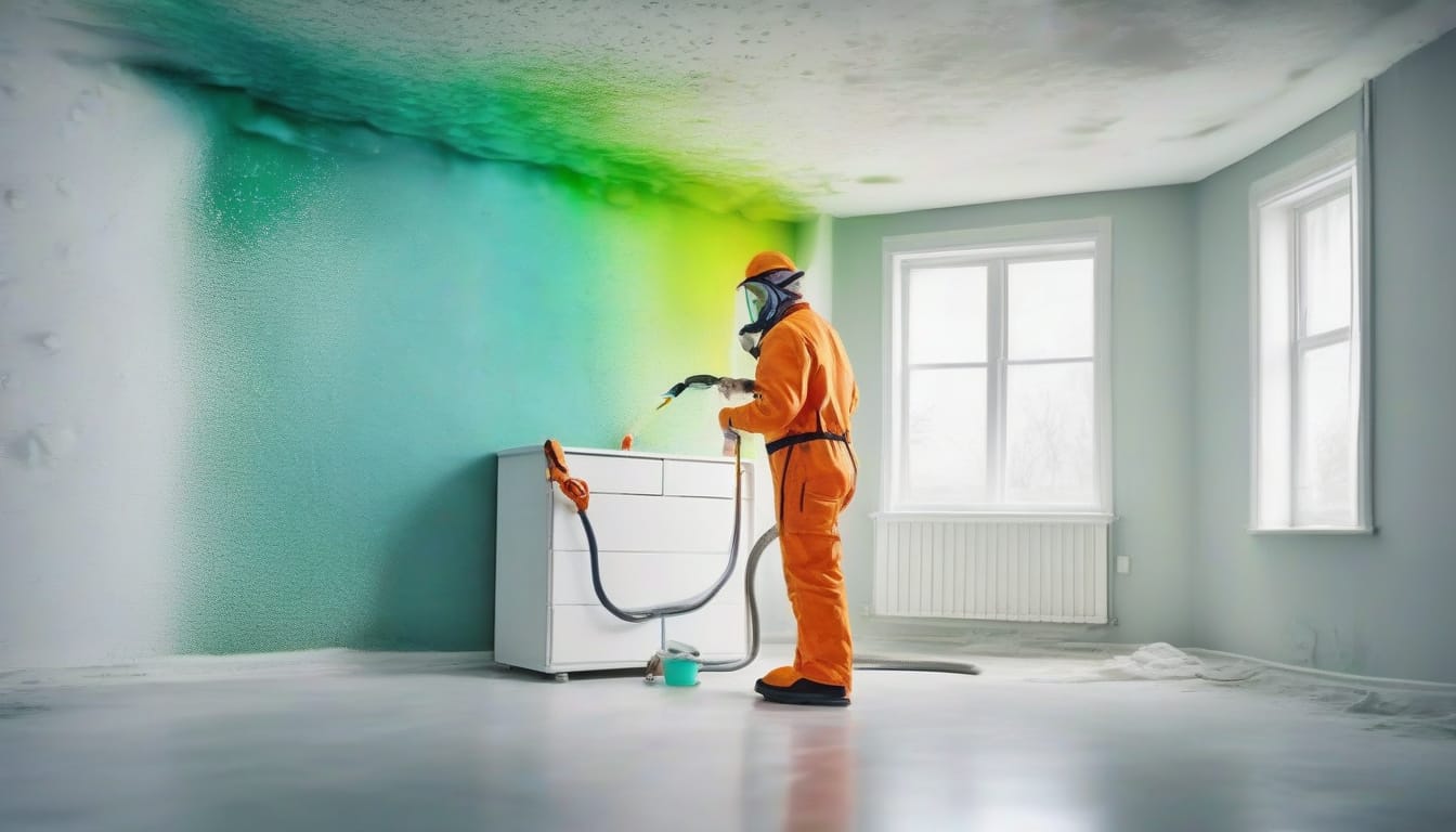 Professional mold removal expert cleaning damp wall, sparkling fresh atmosphere indoors