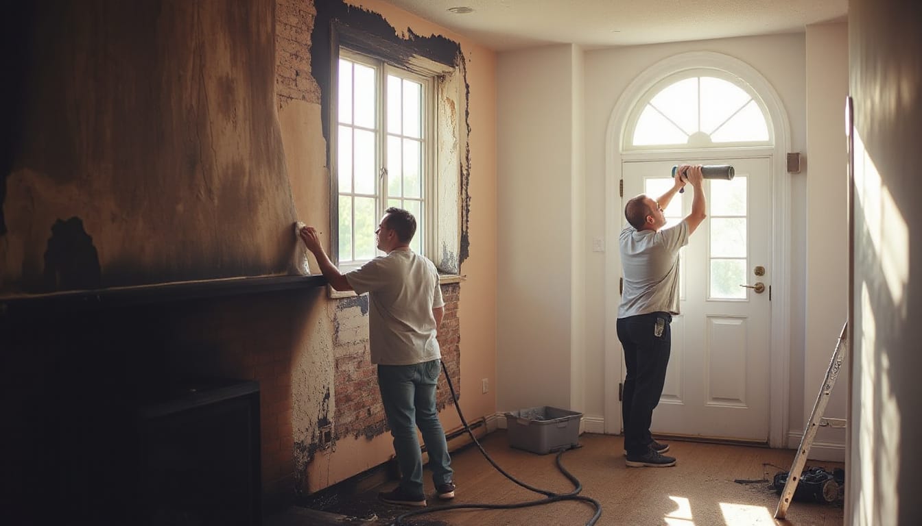 restoration experts cleaning fire-damaged home, soot removal, repairing walls, bright sunlight, renewed hope