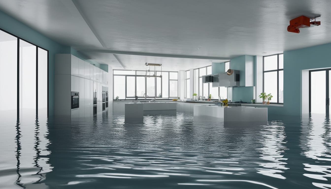 Flooded home interior, water rising quickly, workers pumping water, urgent disaster recovery scene