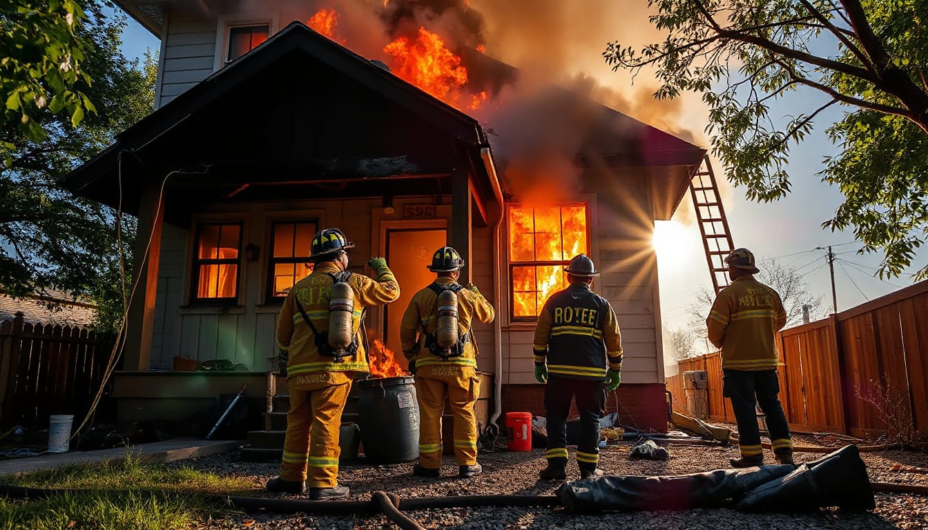 Skilled firefighters and restoration workers repairing fire-damaged home, bright hopeful lighting