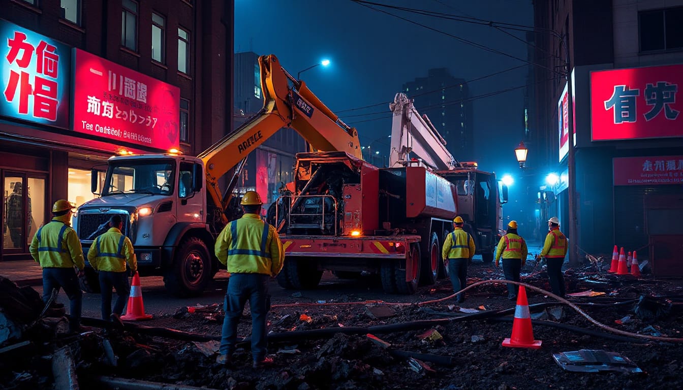 urban disaster recovery team coordinating rapid cleanup, heavy machinery and teamwork, dramatic lighting