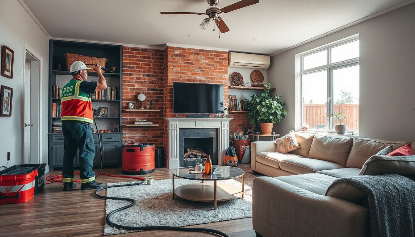 emergency restoration team cleaning a fire-damaged living room, powerful equipment and renewed hope