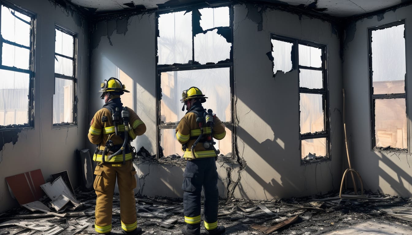 firefighter in protective gear inspecting fire-damaged home, sunlight streaming through broken windows