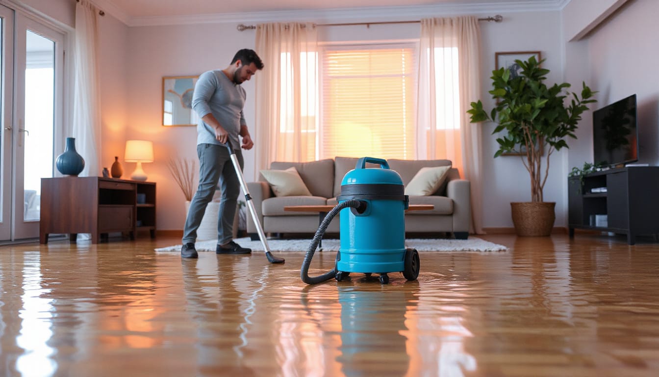 homeowner using wet-dry vacuum in flooded living room, vibrant colors, urgent atmosphere