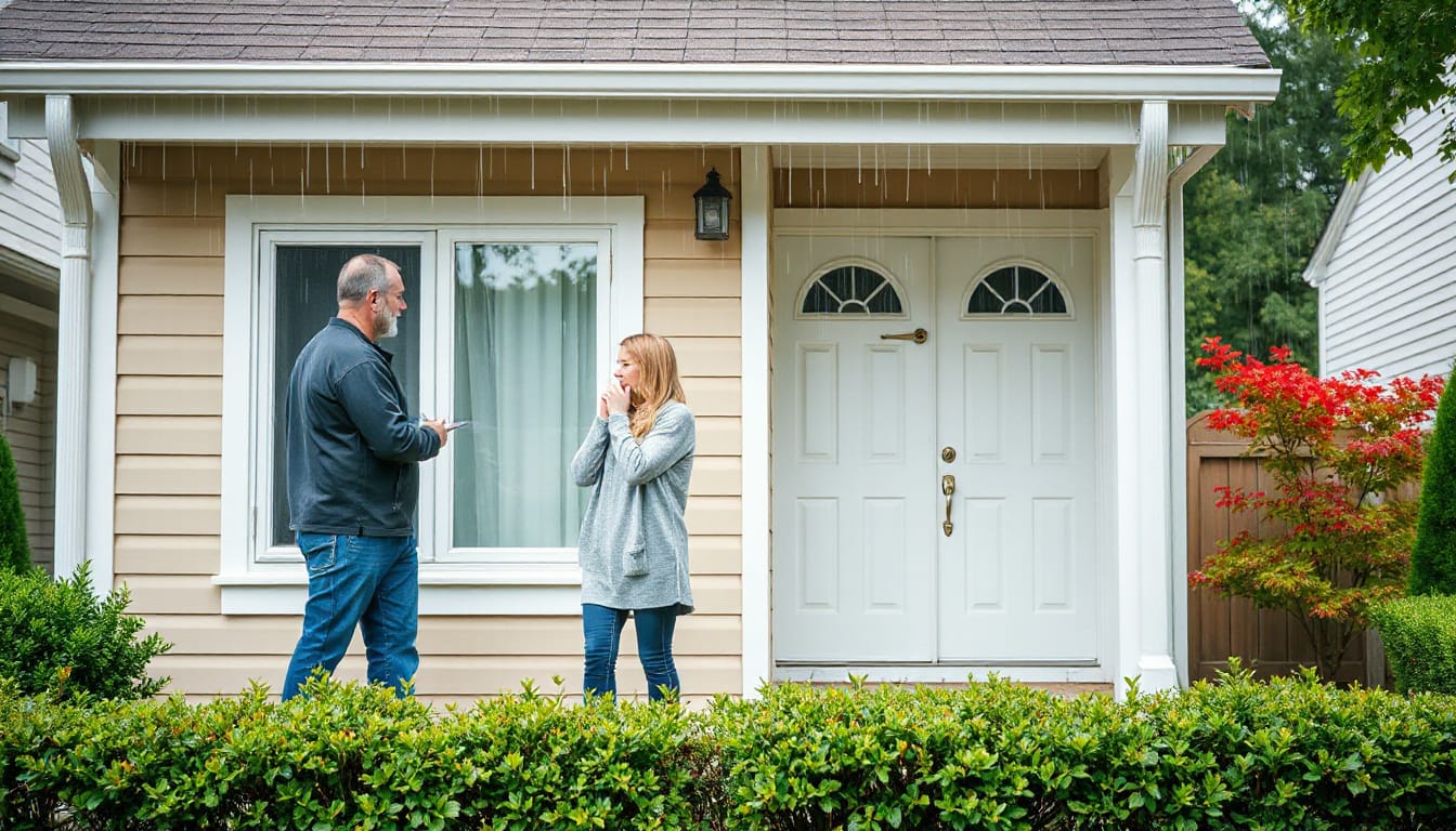 Homeowners inspecting home exterior with rain gutters and protective barriers during heavy rain