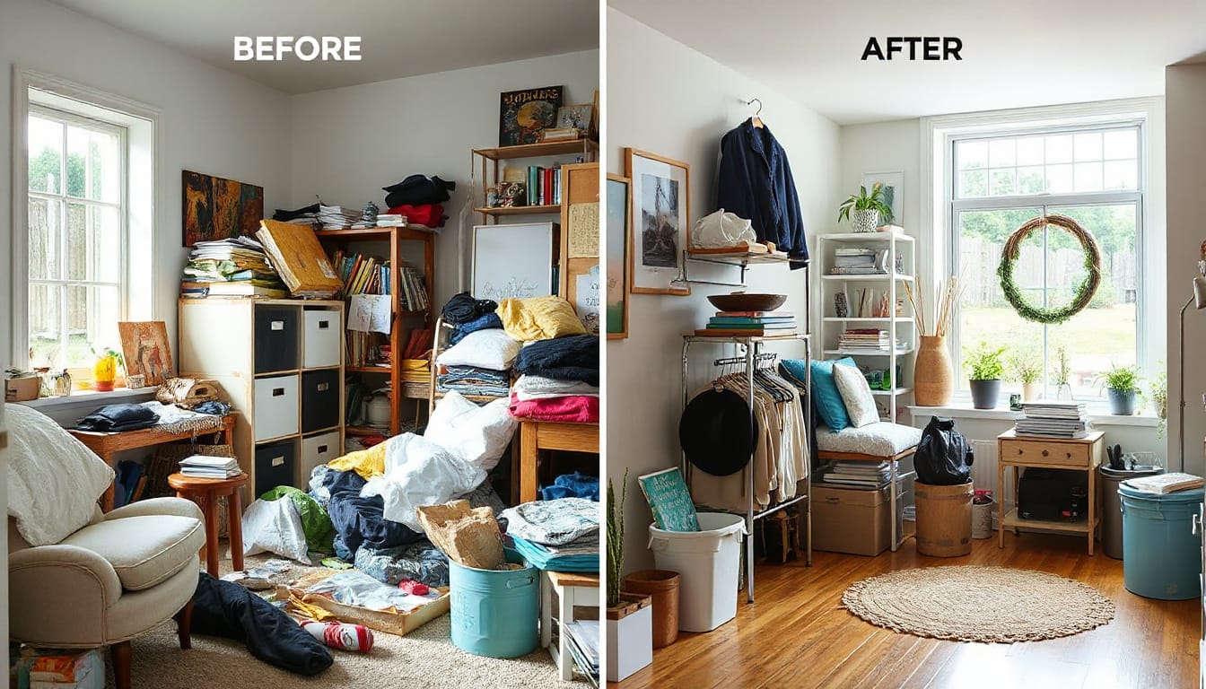before and after home cleanup, messy clutter transforming into pristine, organized space, natural light