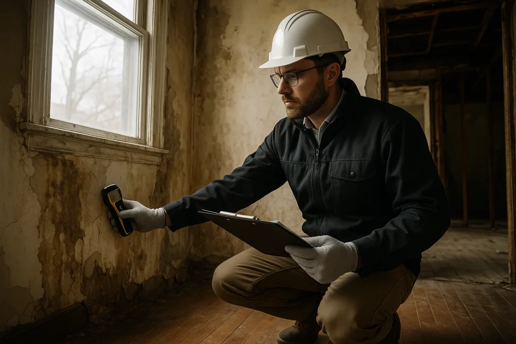 Restoration expert performing a professional damage assessment in a water-damaged home in Southeastern PA, inspecting walls with safety gear and clipboard.