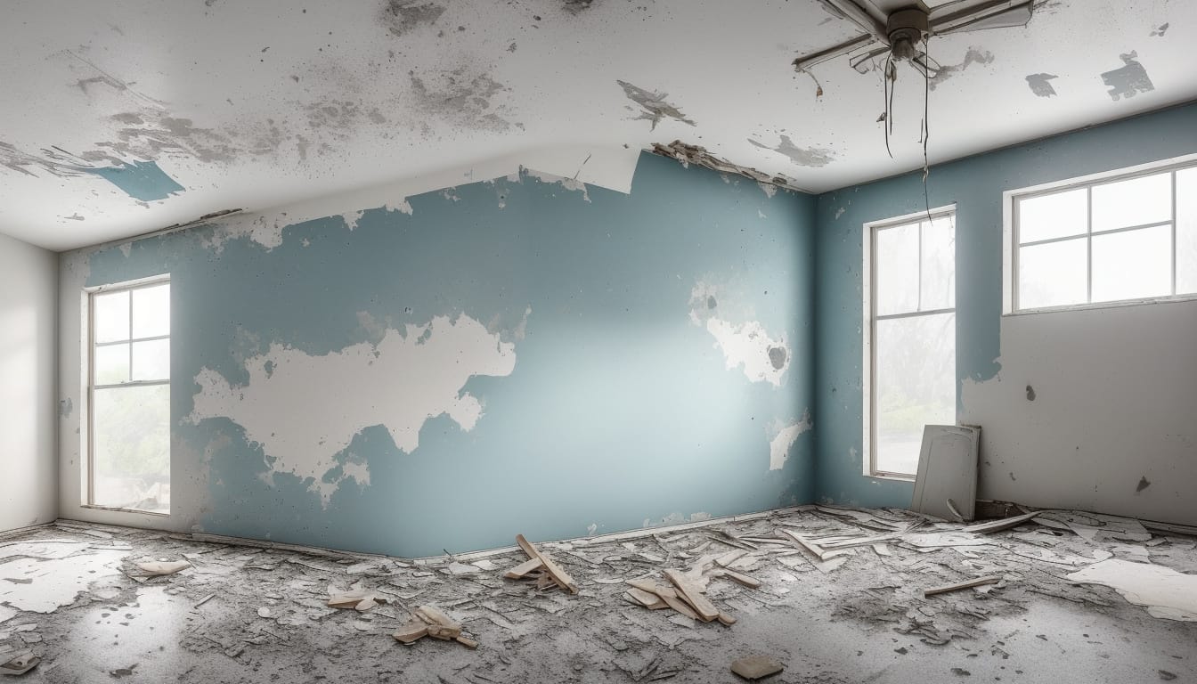 Torn wall revealing water damage, mold removal process, restoration tools, hopeful homeowner supervising