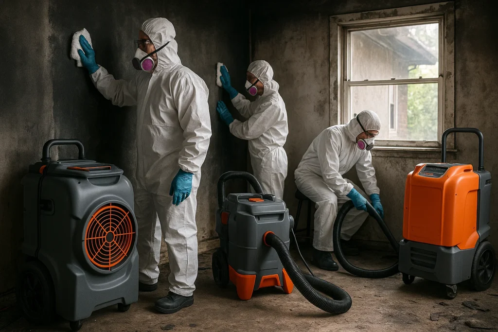 Restoration 365 team using industrial drying and cleaning equipment for fire damage restoration in Southern New Jersey