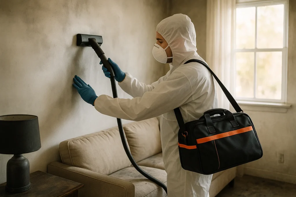 Certified restoration technician cleaning smoke damage from a living room wall after a fire, representing expert fire and smoke damage restoration services.