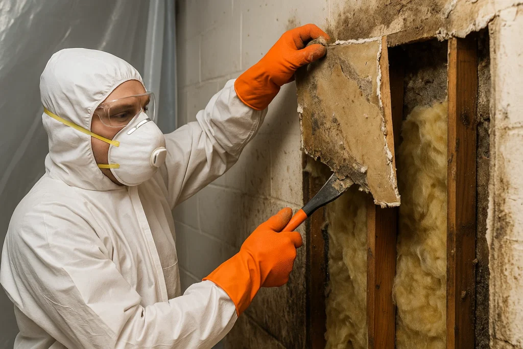 Restoration expert removing soaked drywall and insulation during water damage cleanup in Camden County NJ