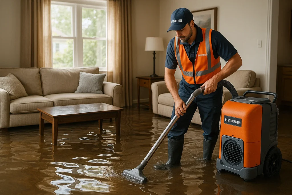 Professional water damage restoration specialist extracting floodwater from a Bucks County home