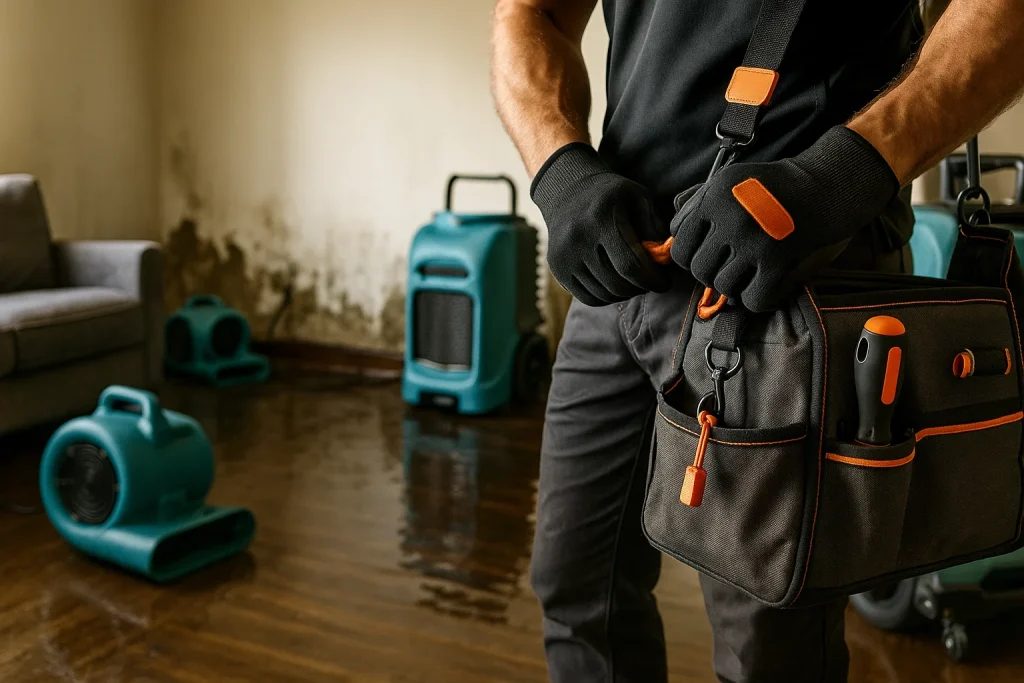 Restoration 365 technician using industrial drying equipment for emergency water damage restoration in Montgomery County