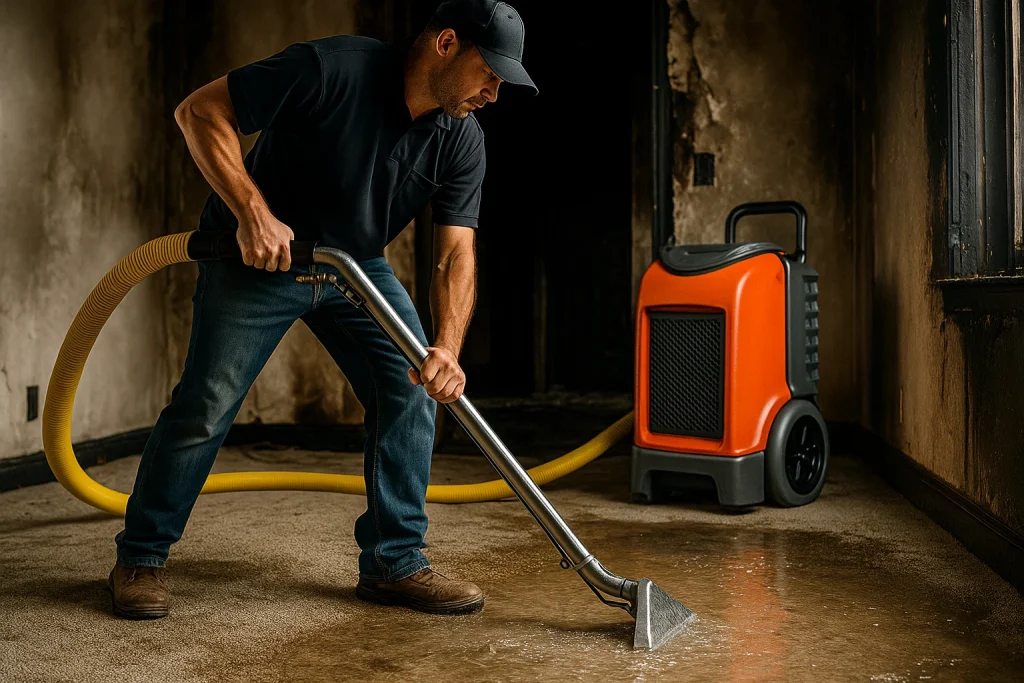 One of the fire restoration contractors performing water removal and drying after fire damage in bucks county home.