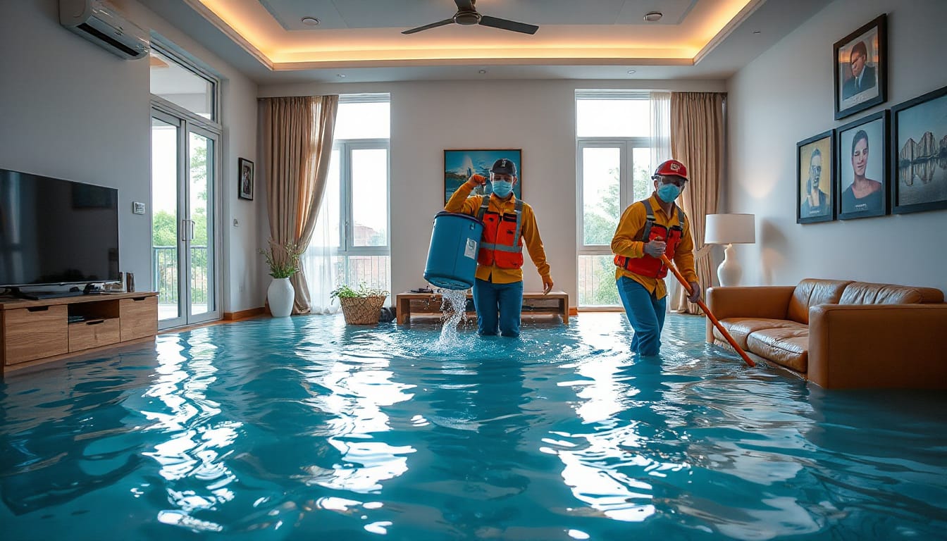Flooded living room, emergency water extraction, professionals in protective gear, intense action