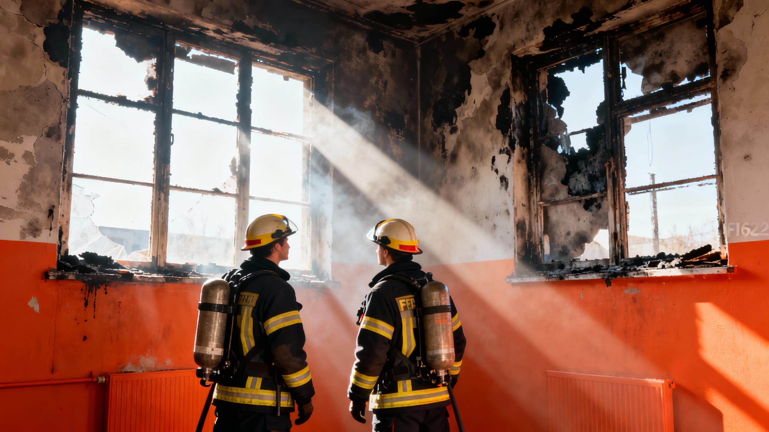 firefighters inspecting smoke damage, bright sunlight through cleared soot windows