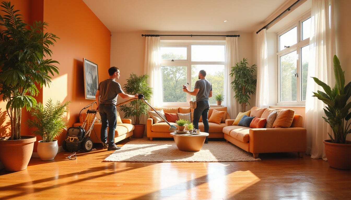 Team of restoration experts cleaning and repainting a flood-damaged living room, fresh plants and sunlight creating hopeful atmosphere