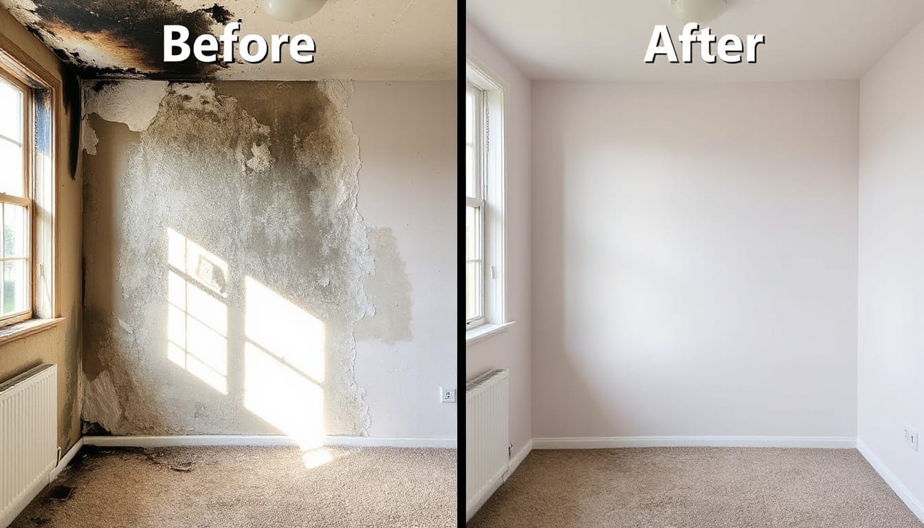 Before and after images of fire-damaged walls fully restored, clean and fresh interior
