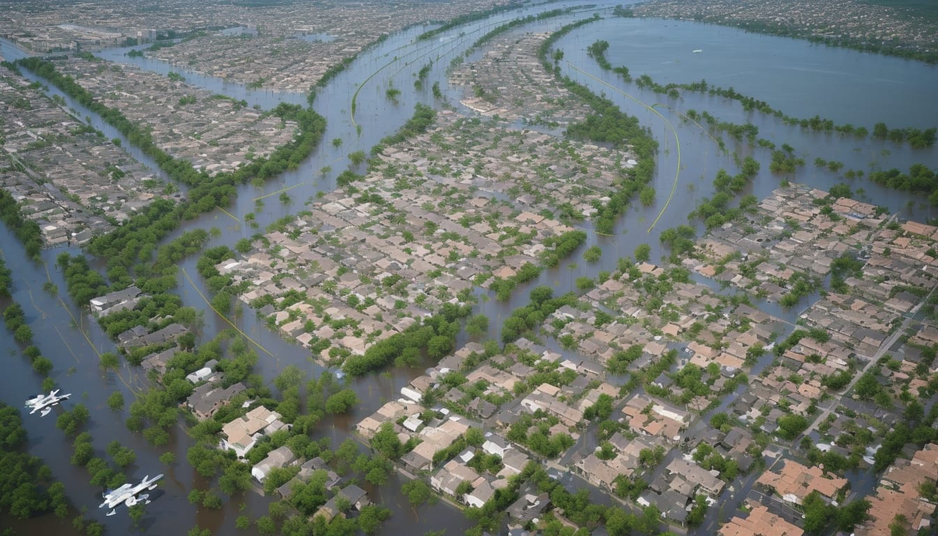 aerial view of resilient community with advanced flood defenses and emergency responders in action