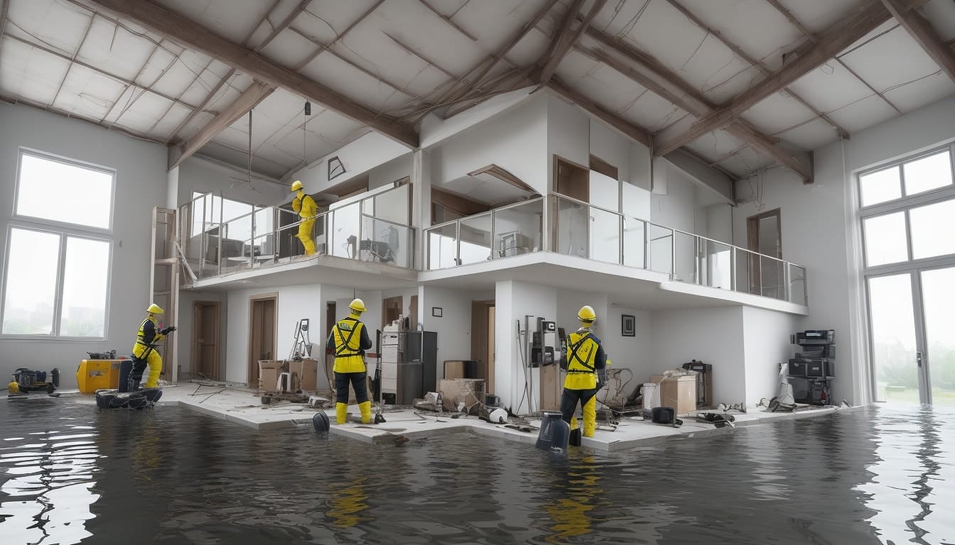 Modern equipment restoring flood-damaged house interior, workers in safety gear, hopeful atmosphere