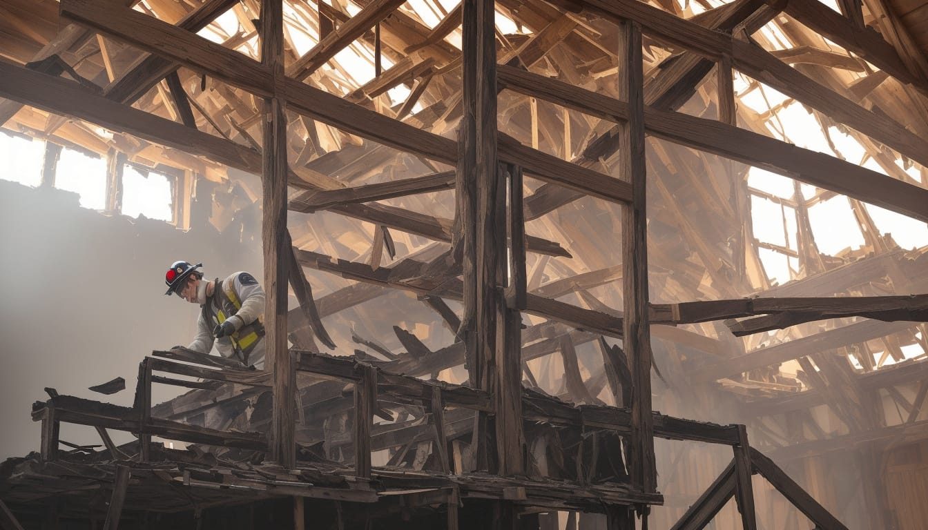close-up of professional hands repairing fire-damaged wooden beams indoors, focused atmosphere