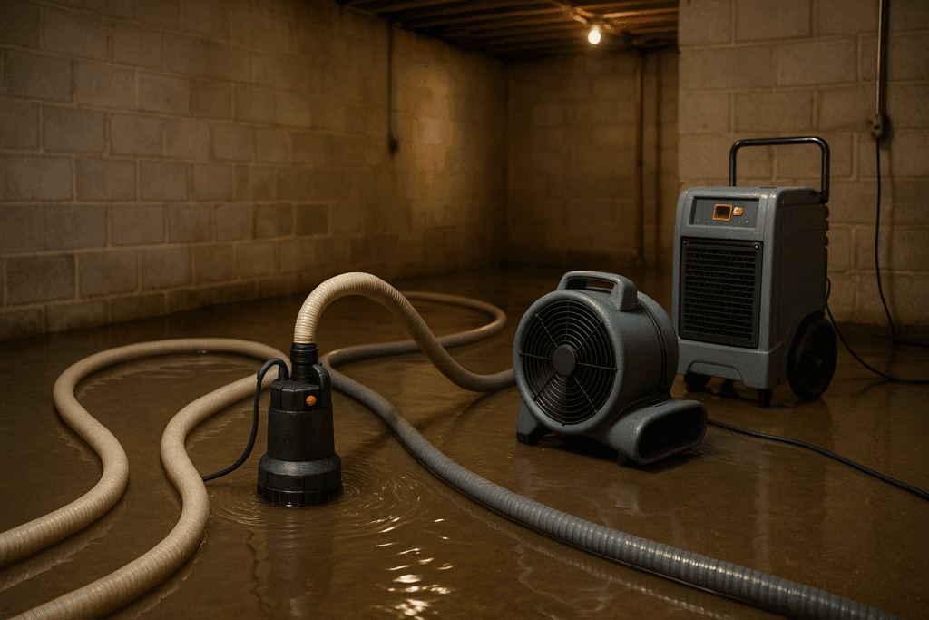 Submersible pump and dehumidifiers performing emergency basement water extraction in Philadelphia property.