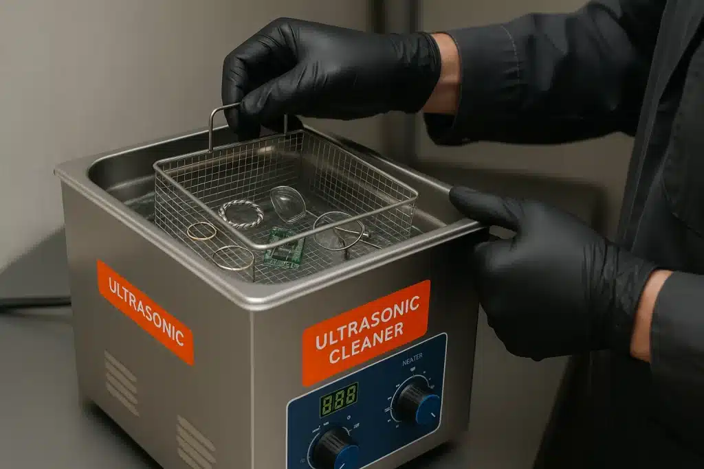 Technician using ultrasonic cleaning equipment for contents restoration of electronics and valuables in Bucks County