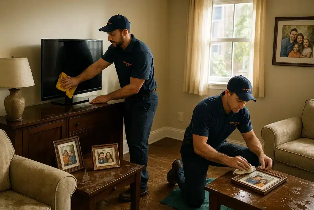 Restoration 365 technicians providing contents restoration services in Philadelphia, cleaning furniture and family photos after water damage